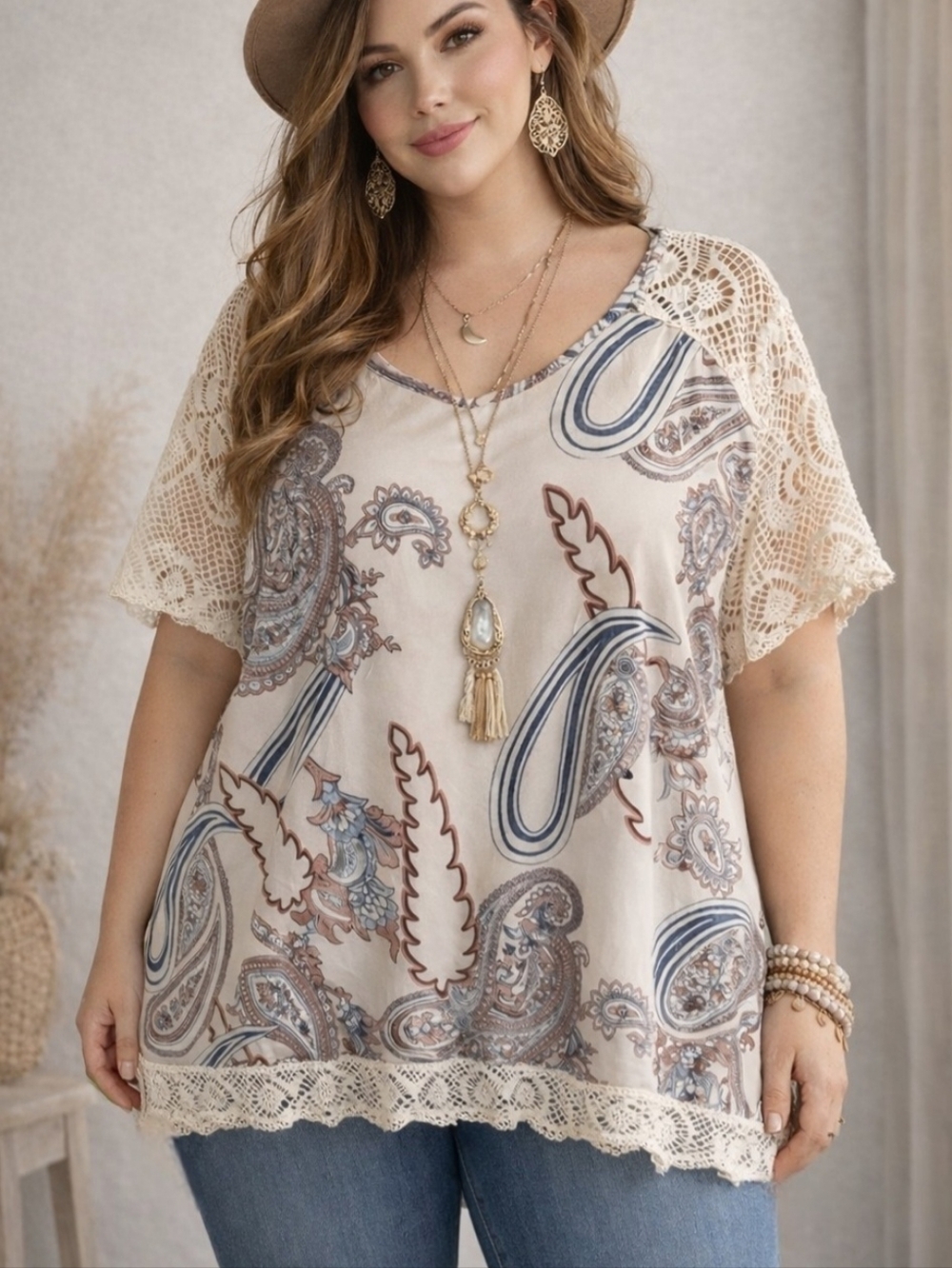 NWT  Smooth Paisley Lace Trim Boho Tunic Top - Size 4X (Fits Smaller)